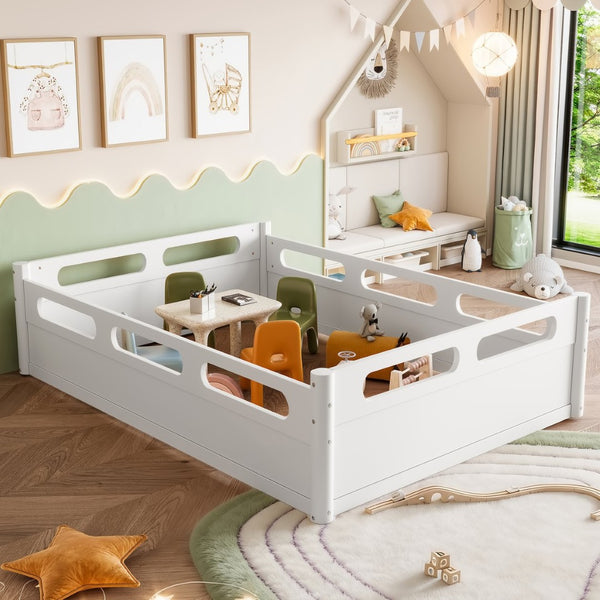 English Elm Twin Low Profile Floor Bed with Guardrails Pine Wood Frame Minimalist Bedroom White W1580P438792