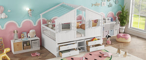 English Elm Full Size House Loft Bed With Roof & Windows, 4 Storage Drawers, Pine Wood, Safe Guardrails & Ladder W504S00242