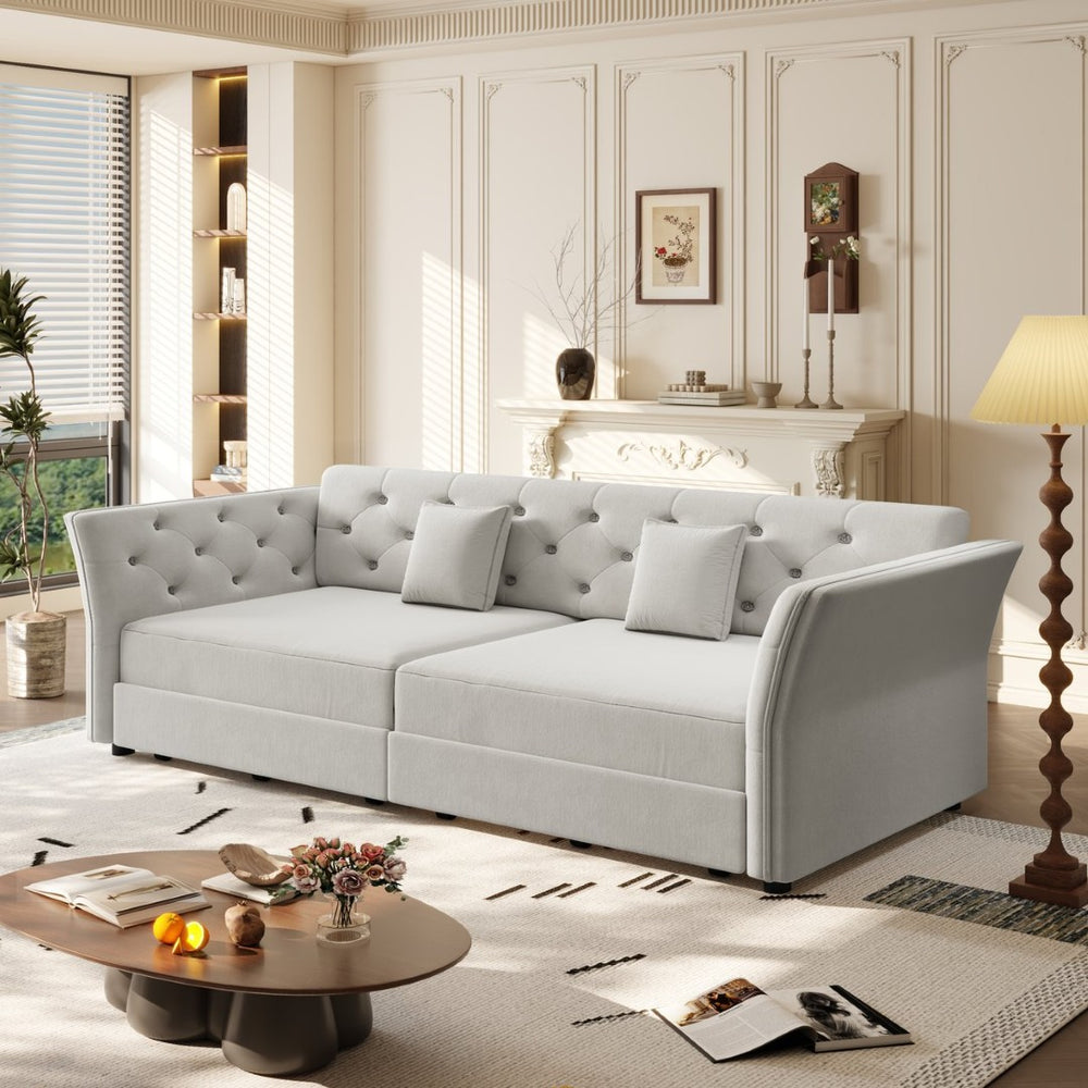 English Elm 74.4" Queen Velvet Sleeper Sofa Artisan Floral Tufted Cushions Converts for Guest Rooms Light Grey W1885S00305