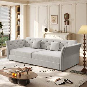 English Elm 74.4" Queen Velvet Sleeper Sofa Artisan Floral Tufted Cushions Converts for Guest Rooms Light Grey W1885S00305