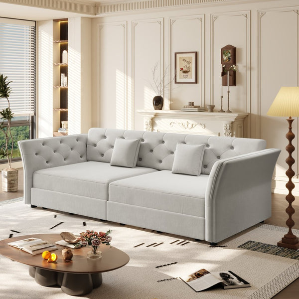 English Elm 74.4" Queen Velvet Sleeper Sofa Artisan Floral Tufted Cushions Converts for Guest Rooms Light Grey W1885S00305