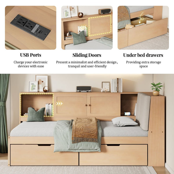 English Elm Wooden Twin L-shaped Corner Bed Pine Frame Bookcase Storage Usb Charging Ports BS701P337660N