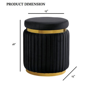 English Elm Black Round Velvet Accent Stool 15"W x 18"H — Pleated Contemporary Ottoman with Gold Trim Base, Plush Elegance B2741P388360