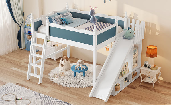English Elm Full Loft Bed With Slide, Storage Shelves & Cabinet - Solid Wood Design For Fun & Organization! W1580S00246