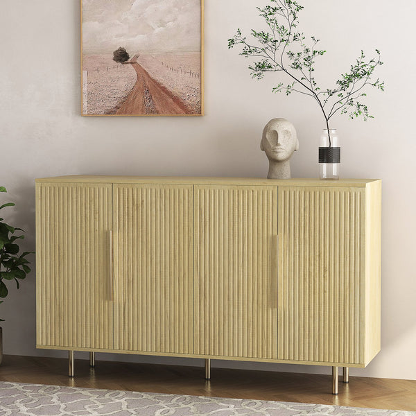 English Elm Wood Modern Buffet Cabinet Fluted Sideboard with Adjustable Shelves, Spacious Credenza & Bar Storage W1321P307871