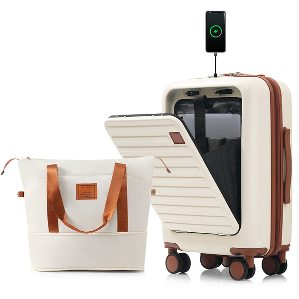 English Elm Front Opening Abs Hard Shell Carry on Set with Usb Port Cup Holder and Spinner Wheels Ivory N726P268998O