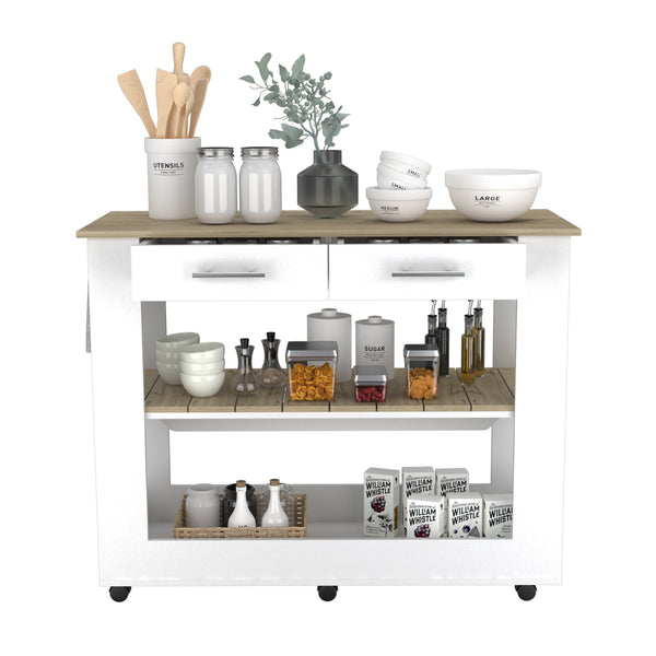 English Elm Cala Kitchen Island With Six Casters, Two Drawers & Open Shelving - Modern White & Light Oak Design B20092031