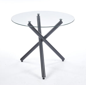 English Elm Round Tempered Glass Dining Table with Black Metal Base for Modern Compact Spaces W234P270452
