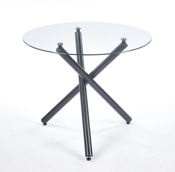 English Elm Round Tempered Glass Dining Table with Black Metal Base for Modern Compact Spaces W234P270452
