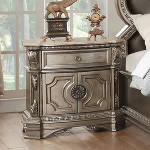 English Elm 1 Drawer And 2 Doors Nightstand With Marble Top - Vintage Antique Silver, Elegant Storage Solution B016P253506