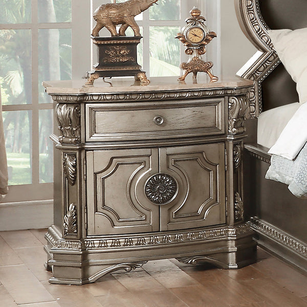 English Elm 1 Drawer And 2 Doors Nightstand With Marble Top - Vintage Antique Silver, Elegant Storage Solution B016P253506