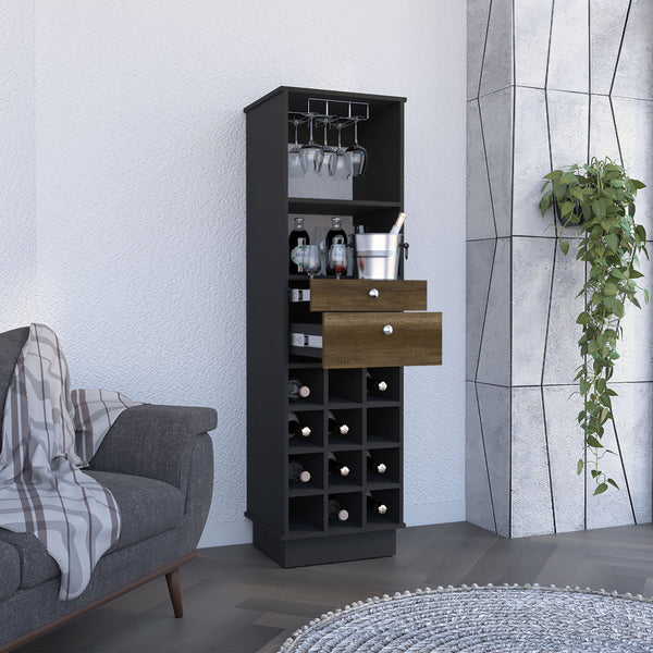 English Elm Classic Bar Cabinet with 12-Bottle Wine Rack, Two Drawers & Shelf, Black/Walnut Modern Storage B200S00100