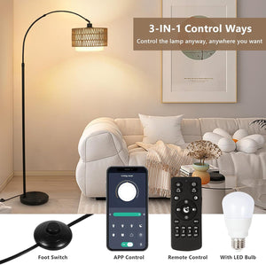 English Elm Arc Rattan Arc Floor Lamp with Remote & Dimmable LED, Height Adjustable, Boho Farmhouse Glow Brown+Black W2738P227438