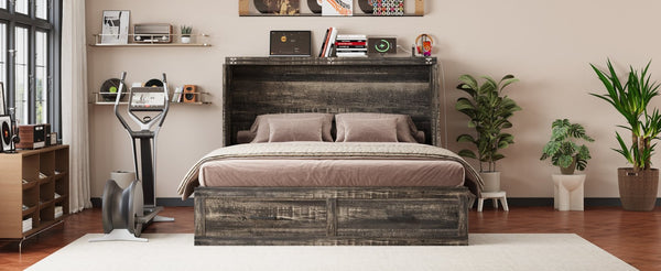 English Elm Queen Murphy Cabinet Bed Rustic Grey Farmhouse Style with Charging Station Storage W5271S00001