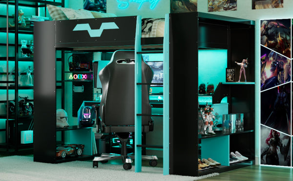 English Elm Full Size Gaming Loft Bed with Rgb Lighting Built-in Desk and Usb Charging Ports Blue LT000275AAC