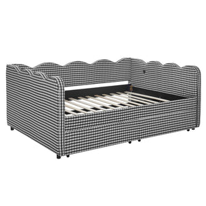 English Elm Full Size Gingham Linen Daybed with Wave Backrest Trundle and Usb Charging Port Black W1413S00154
