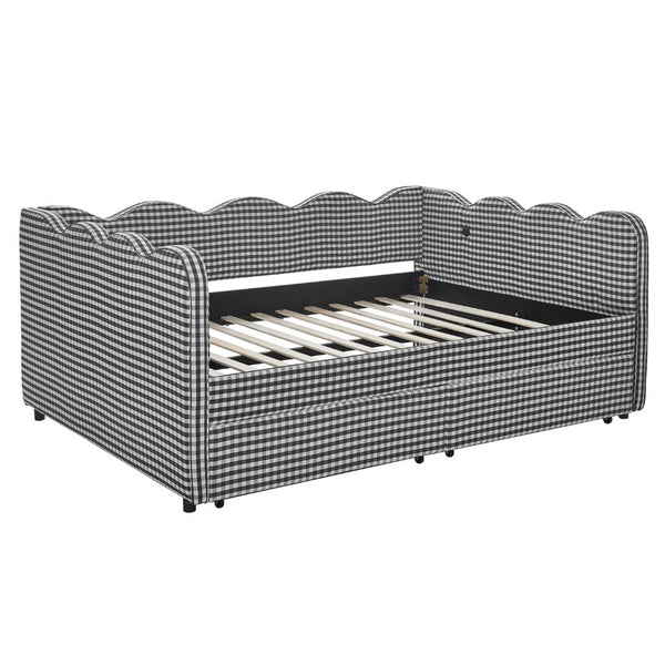 English Elm Full Size Gingham Linen Daybed with Wave Backrest Trundle and Usb Charging Port Black W1413S00154