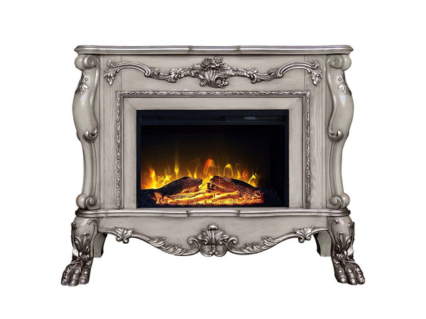 HomeRoots 47" Bone Wood Electric Fireplace with Mantle - Ornate Carved Scrollwork, Realistic Flames & Remote Control 574008