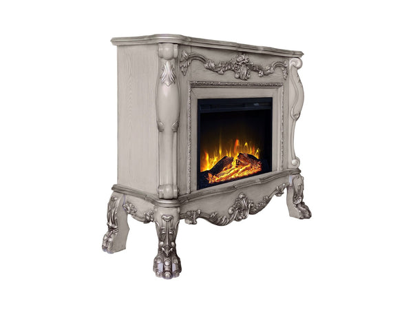 HomeRoots 47" Bone Wood Electric Fireplace with Mantle - Ornate Carved Scrollwork, Realistic Flames & Remote Control 574008