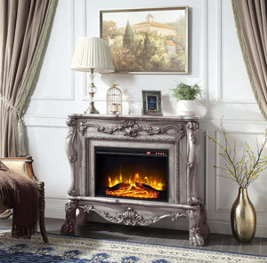 HomeRoots 47" Bone Wood Electric Fireplace with Mantle - Ornate Carved Scrollwork, Realistic Flames & Remote Control 574008