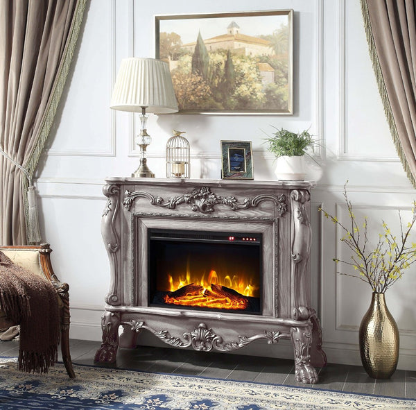 HomeRoots 47" Bone Wood Electric Fireplace with Mantle - Ornate Carved Scrollwork, Realistic Flames & Remote Control 574008