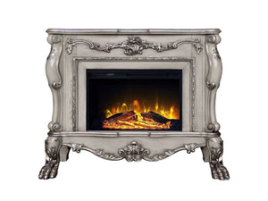 HomeRoots 47" Bone Wood Electric Fireplace with Mantle - Ornate Carved Scrollwork, Realistic Flames & Remote Control 574008