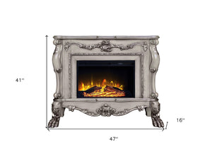 HomeRoots 47" Bone Wood Electric Fireplace with Mantle - Ornate Carved Scrollwork, Realistic Flames & Remote Control 574008