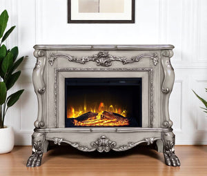 HomeRoots 47" Bone Wood Electric Fireplace with Mantle - Ornate Carved Scrollwork, Realistic Flames & Remote Control 574008