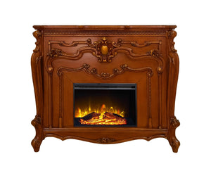 HomeRoots 59" Brown Wood Electric Fireplace with Ornate Carved Scrollwork - Stylish Heat & Ambiance Solution 574009