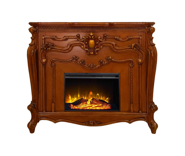 HomeRoots 59" Brown Wood Electric Fireplace with Ornate Carved Scrollwork - Stylish Heat & Ambiance Solution 574009