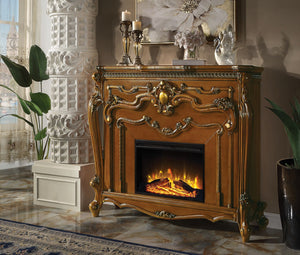 HomeRoots 59" Brown Wood Electric Fireplace with Ornate Carved Scrollwork - Stylish Heat & Ambiance Solution 574009