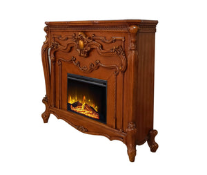 HomeRoots 59" Brown Wood Electric Fireplace with Ornate Carved Scrollwork - Stylish Heat & Ambiance Solution 574009