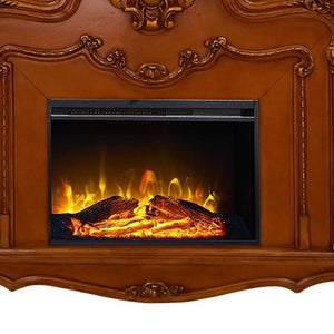 HomeRoots 59" Brown Wood Electric Fireplace with Ornate Carved Scrollwork - Stylish Heat & Ambiance Solution 574009