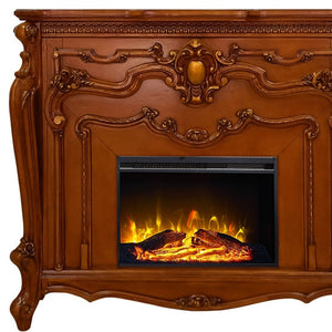 HomeRoots 59" Brown Wood Electric Fireplace with Ornate Carved Scrollwork - Stylish Heat & Ambiance Solution 574009