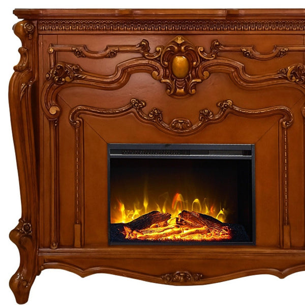 HomeRoots 59" Brown Wood Electric Fireplace with Ornate Carved Scrollwork - Stylish Heat & Ambiance Solution 574009