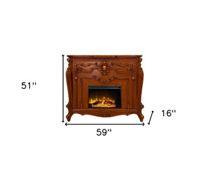 HomeRoots 59" Brown Wood Electric Fireplace with Ornate Carved Scrollwork - Stylish Heat & Ambiance Solution 574009