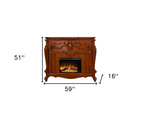 HomeRoots 59" Brown Wood Electric Fireplace with Ornate Carved Scrollwork - Stylish Heat & Ambiance Solution 574009