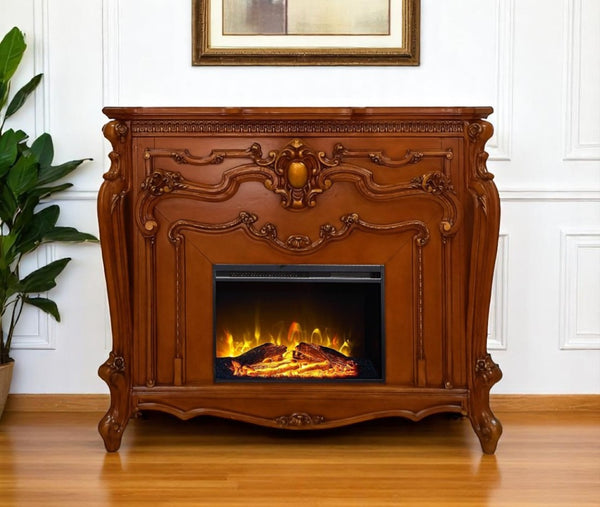 HomeRoots 59" Brown Wood Electric Fireplace with Ornate Carved Scrollwork - Stylish Heat & Ambiance Solution 574009