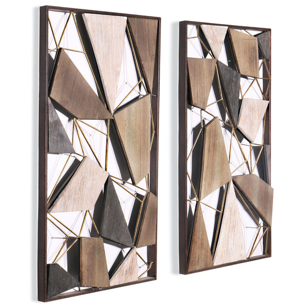 Homeroots Set Of Two Brown And Gold Geometric Wood And Metal Hanging Dimensional Sculptures  Wood And Metal 574010