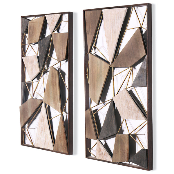 Homeroots Set Of Two Brown And Gold Geometric Wood And Metal Hanging Dimensional Sculptures  Wood And Metal 574010