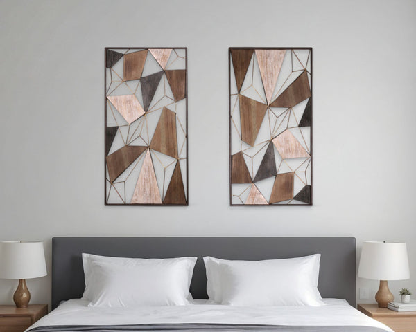 Homeroots Set Of Two Brown And Gold Geometric Wood And Metal Hanging Dimensional Sculptures  Wood And Metal 574010