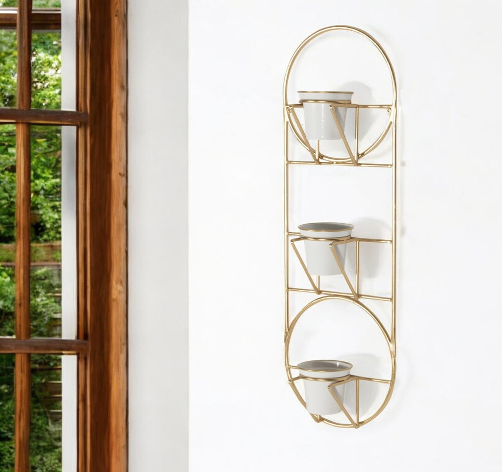 Homeroots Gold Oval Wall Planter – Modern 10 Ounce Metal Design With 3 White Pots For Elegant Indoor Decor  Metal 574012