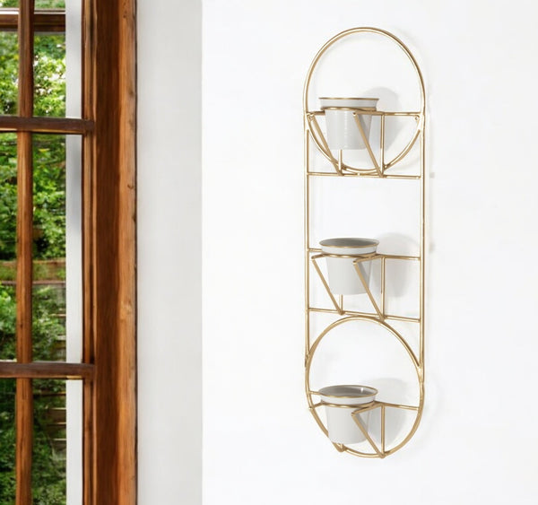 Homeroots Gold Oval Wall Planter – Modern 10 Ounce Metal Design With 3 White Pots For Elegant Indoor Decor  Metal 574012