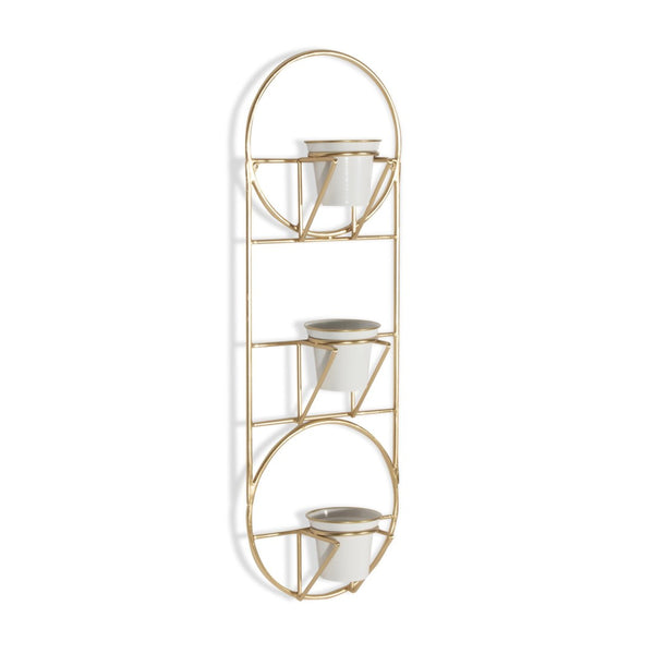 HomeRoots Gold Oval Wall Planter with 3 White Pots - Modern Metal Décor for Succulents & Home Accents 574012