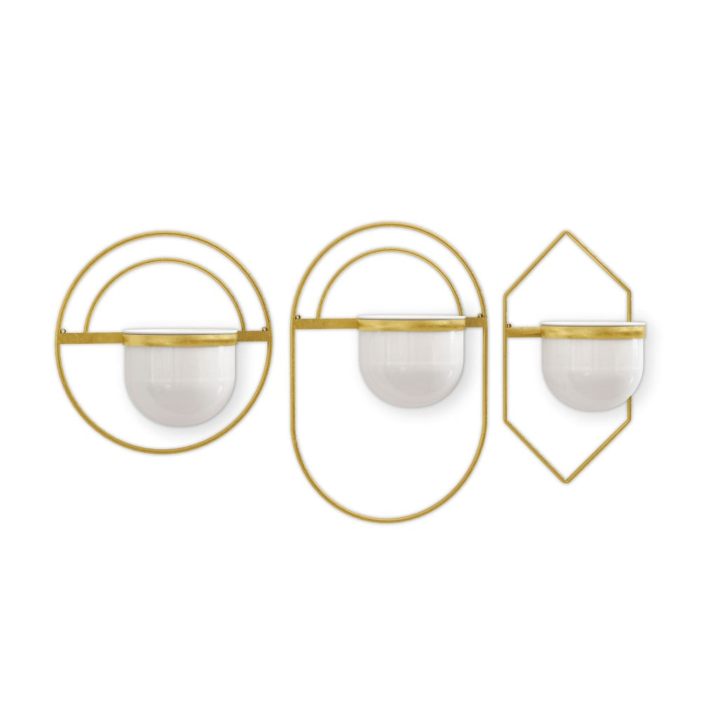 HomeRoots Set of Three Stylish Gold and White Metal Wall Planters for Succulents and Decorative Greens 574017