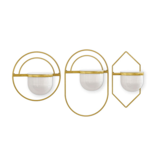 HomeRoots Set of Three Stylish Gold and White Metal Wall Planters for Succulents and Decorative Greens 574017
