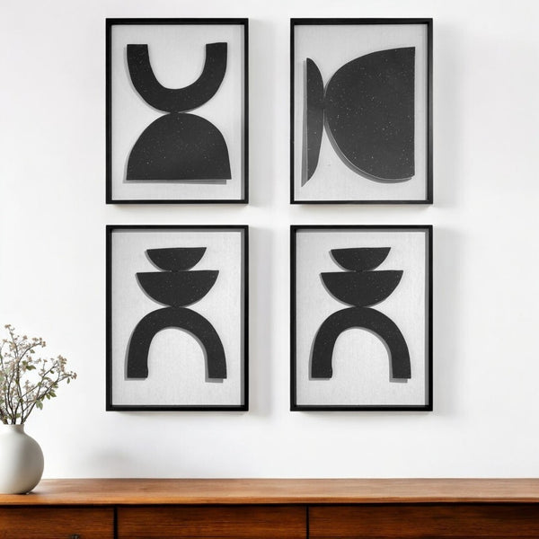 HomeRoots Set of Four Framed Metal Wall Art Sculptures - Modern Black & White Geometric Decor for Any Space 574018
