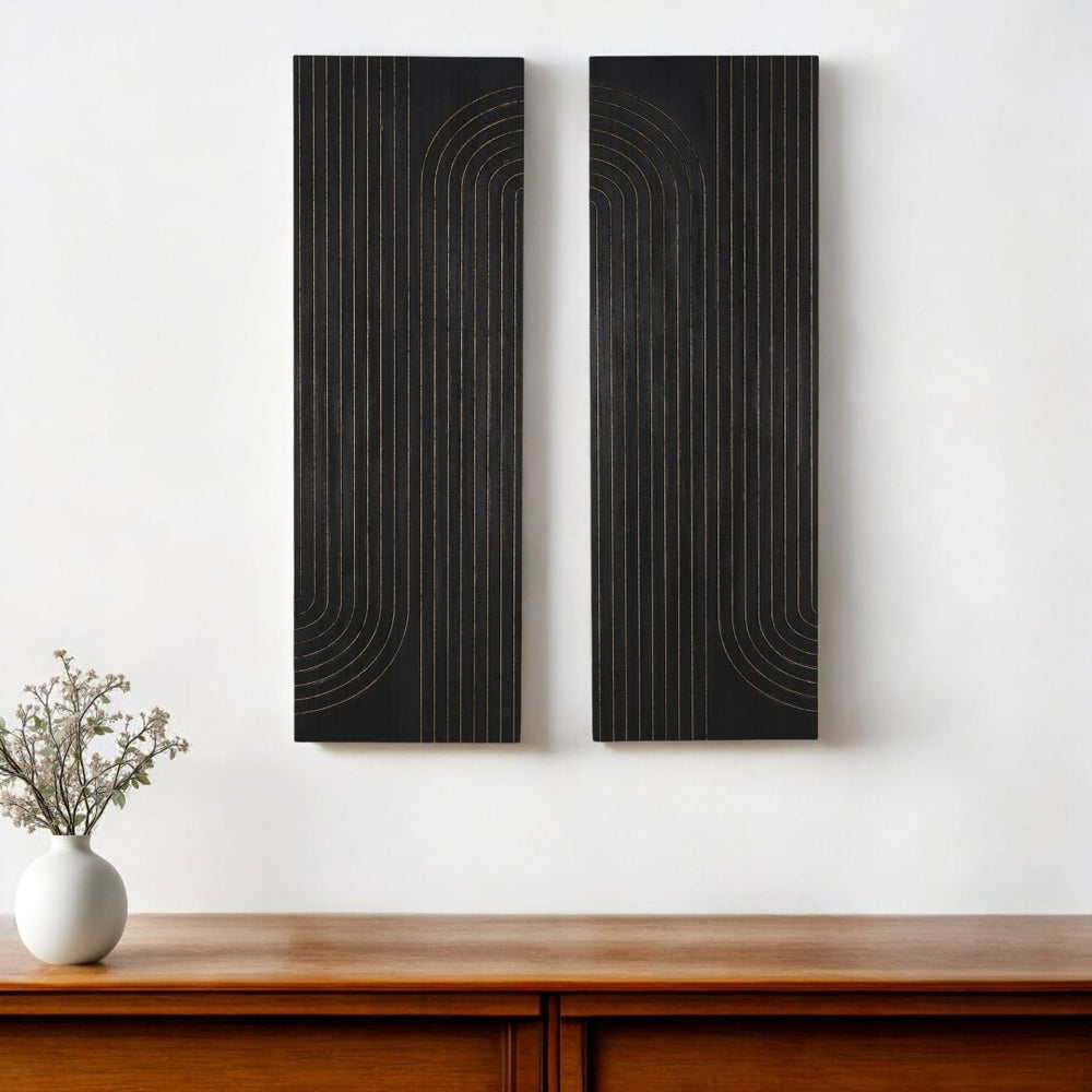 HomeRoots Set of Two 36" Carved Wood Wall Sculptures – Modern Black Finish for Contemporary Decor Appeal 574022