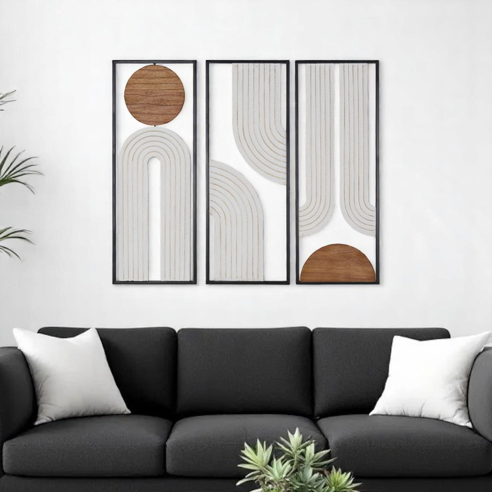 HomeRoots Set of Three Geometric Metal and Wood Hanging Sculptures - Modern Wall Art for Rustic Spaces 574025