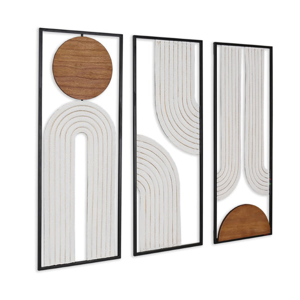HomeRoots Set of Three Geometric Metal and Wood Hanging Sculptures - Modern Wall Art for Rustic Spaces 574025